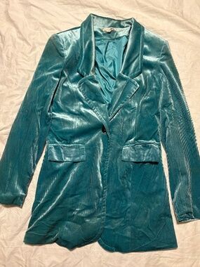 SOLD-VNTD-Fashion Nova Teal Velvet Single-Button Blazer - Size Small